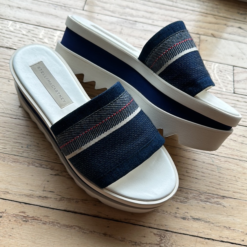 Stella McCartney Navy Blue White Platform Slide Sandals